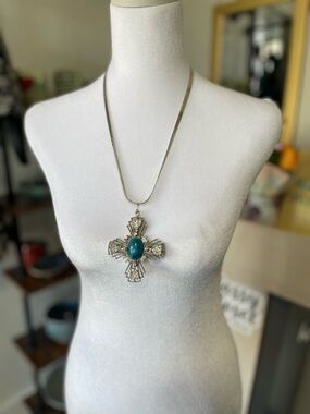 Silver Cross Pendant Necklace with Teal Stone